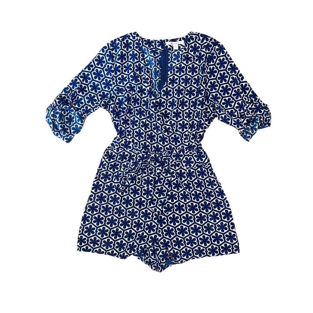Blue Floral Print Romper with Tie Waist